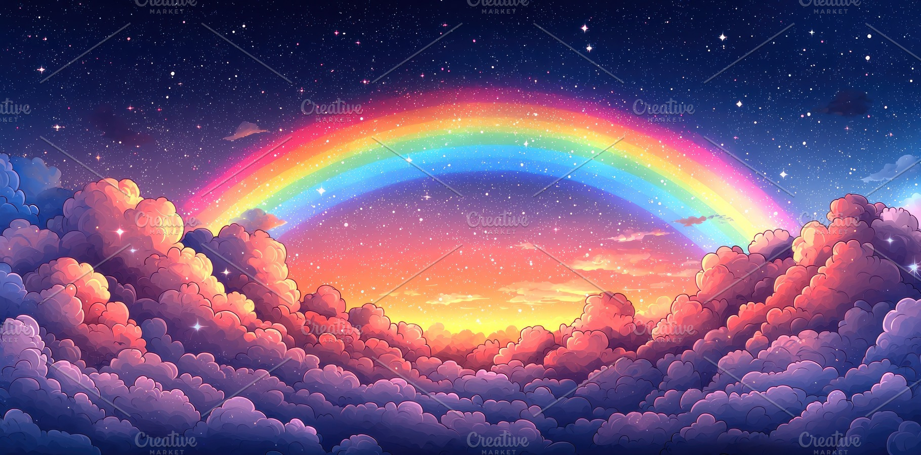 Fantasy night sky with glowing rainbow arch and colorful clouds, a Food & Drink Photo by José Manuel Gelpi