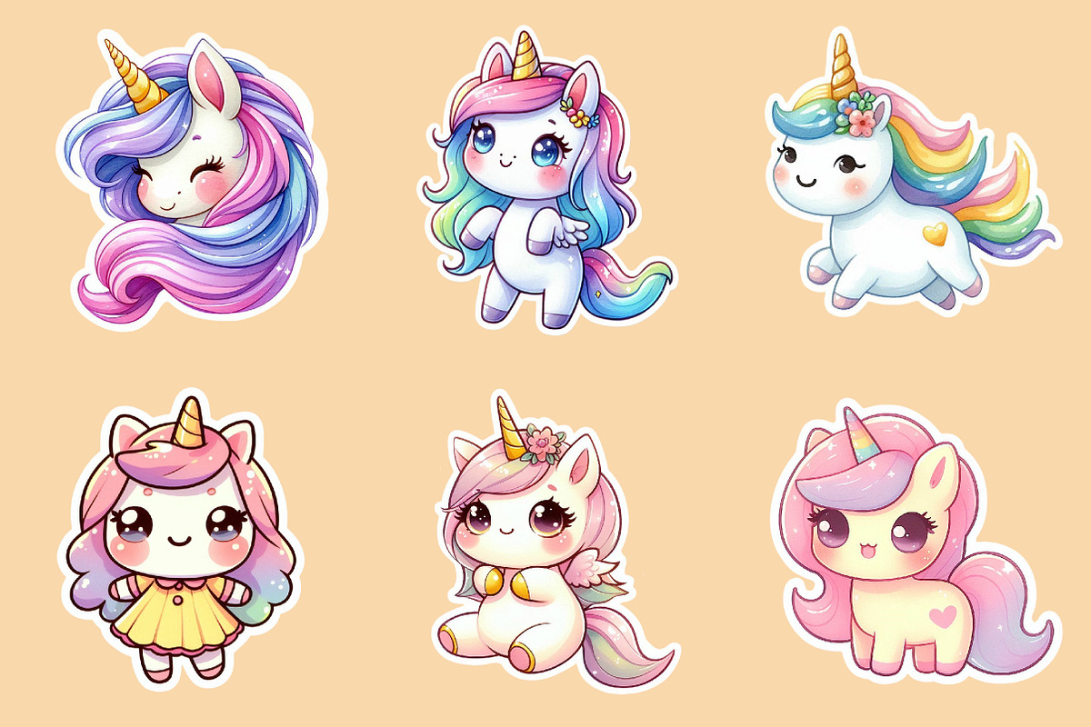 Kawaii Unicorn Stickers Clipart, an Illustration by Creative Art (Photo 6 of 9)