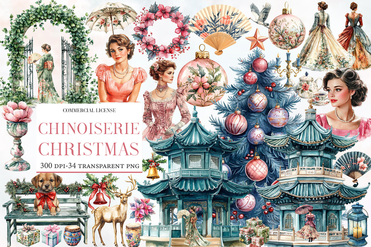 Chinoiserie Christmas Clipart, an Illustration by Designworld (Photo 1 of 5)