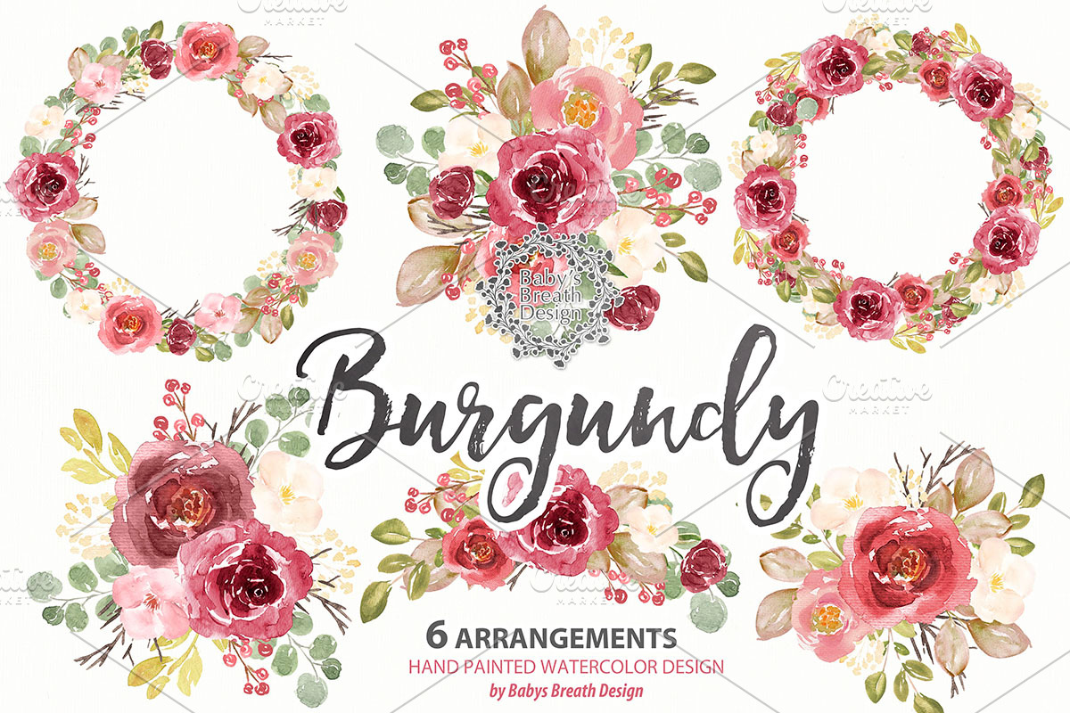 Watercolor Burgundy wreath/arrangeme, an Illustration by Babysbreath/Dandelionery