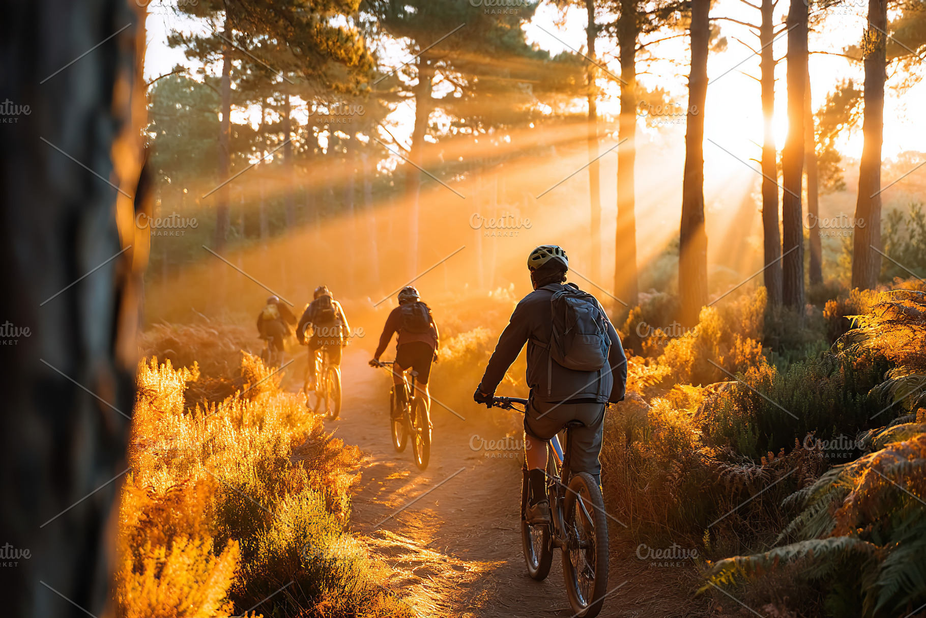 Cyclists enjoying a scenic ride through a sunlit forest during golden hour, a Photo by AlyaAnd