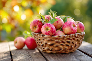 Harvesting fresh apples in a woven basket on a rustic wooden table, a Food & Drink Photo by AlyaAnd