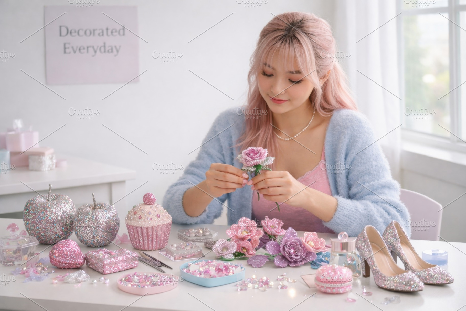 Young woman crafting crystalcore dec, a Photo by Dvoevnore photos