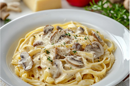 A plate of creamy mushroom pasta is, a Food & Drink Photo by Lermont51