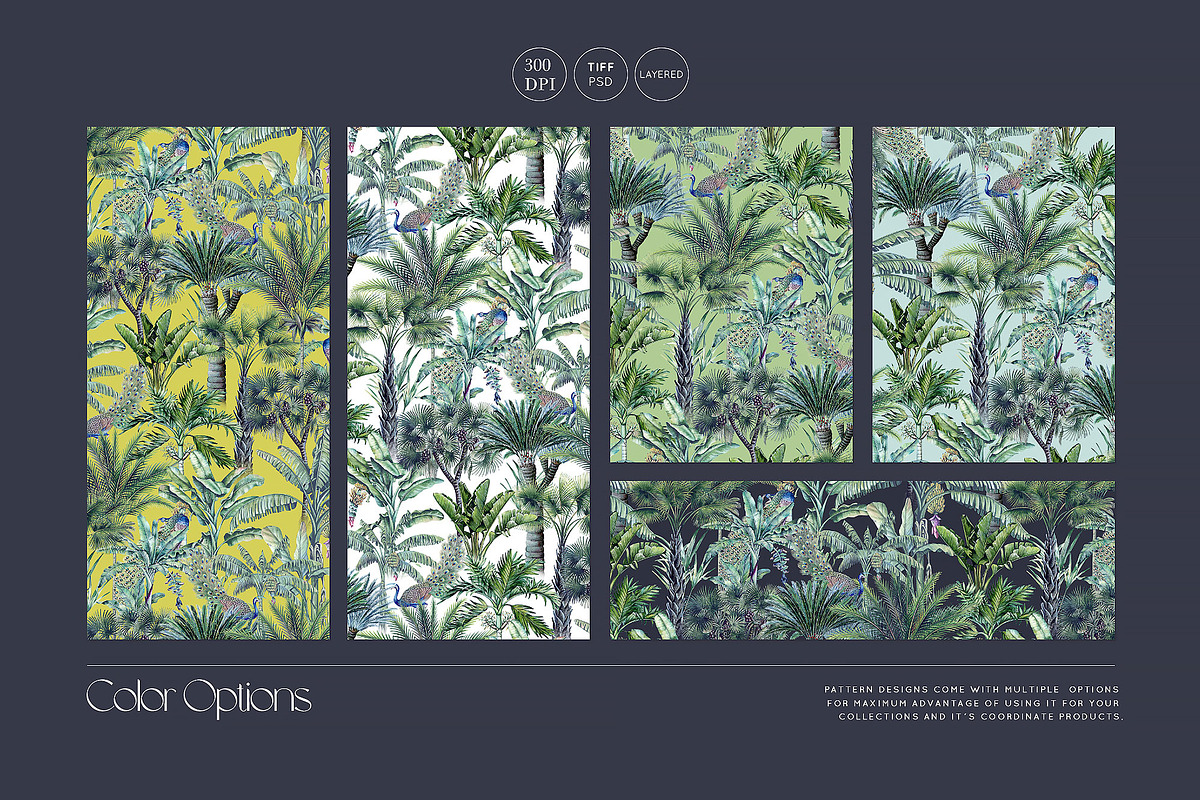 Lush Retreat Jungle Palm Seamless Pattern, 5 Colours