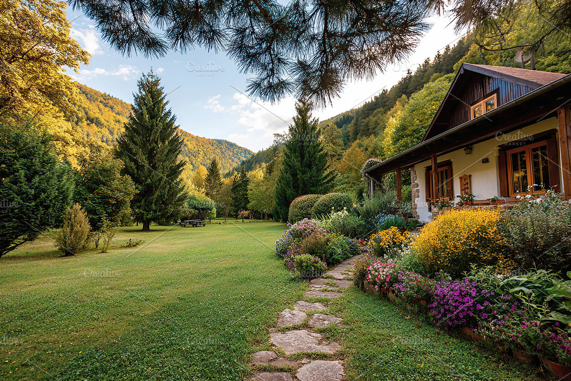 Charming country house amidst lush greenery and vibrant flowers in a serene lan, a Photo by AlyaAnd