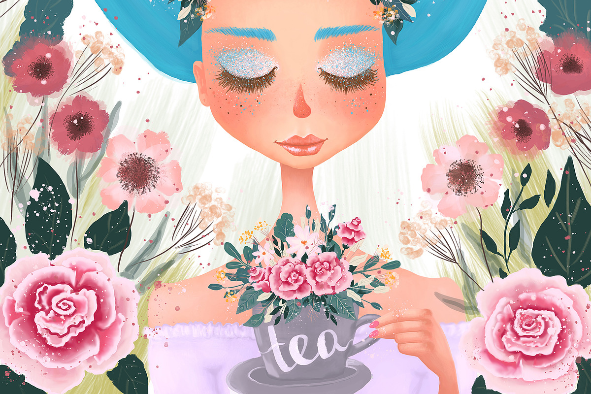 Floral Tea Girl Illustration, a Decorative Illustration by Chloe's Illustrations (Photo 3 of 10)