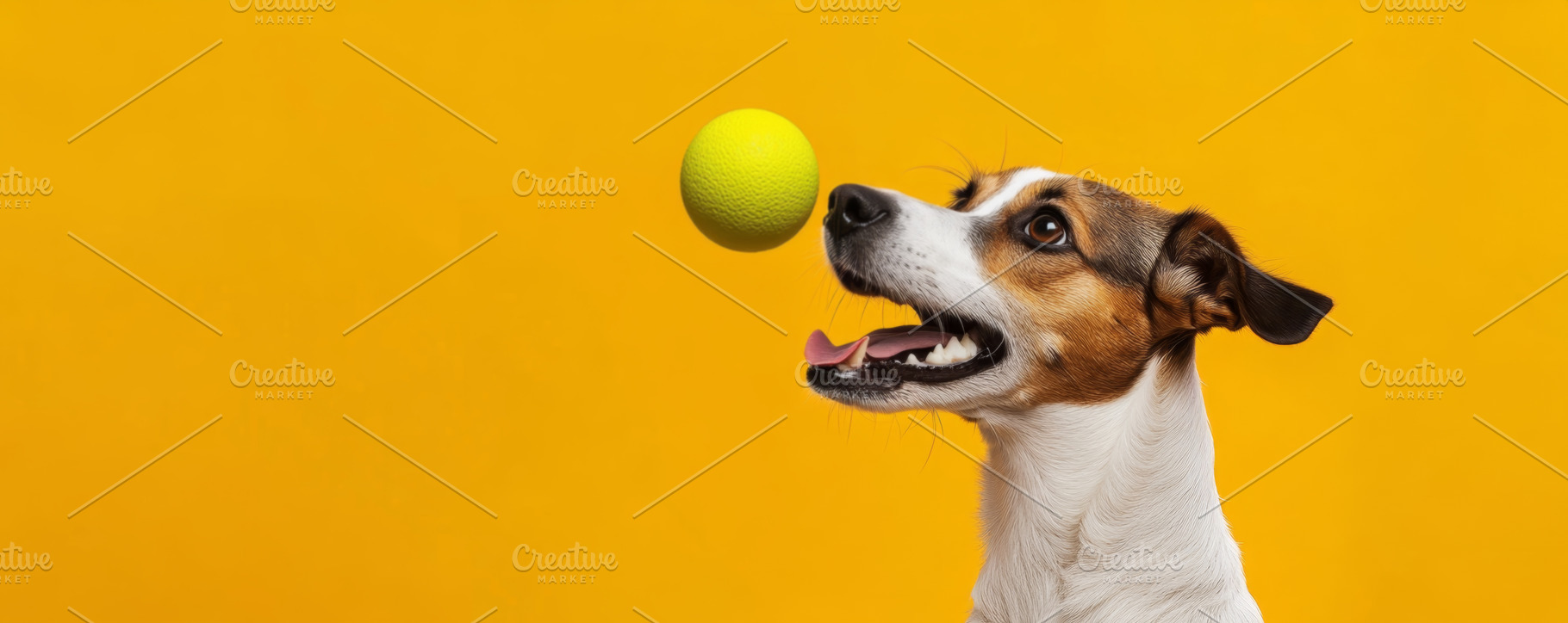 Excited Dog Watching Ball on Yellow Banner, an Abstract Photo by Natalia Klenova's Shop