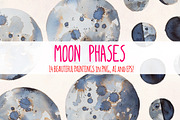 14 Moon Phases Watercolor Graphics, a Seasonal Illustration by Violet LeBeaux (Thumbnail 1 of 3)