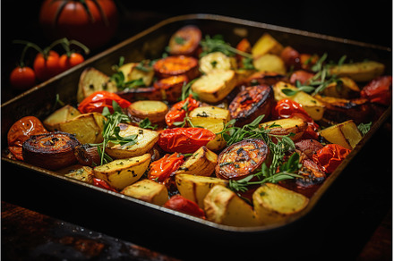 Roasted vegetables on sheet pan oven, a Food & Drink Photo by Lermont51