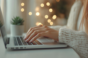 Close-up of a woman's hands typing on a laptop, with soft bokeh in the backgrou, a Person Photo by ImageMir