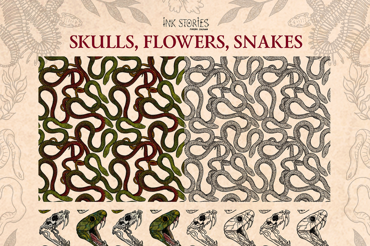 Skulls, Flowers and Snakes | Vintage, a Decorative Illustration by Ink Stories (Photo 8 of 12)