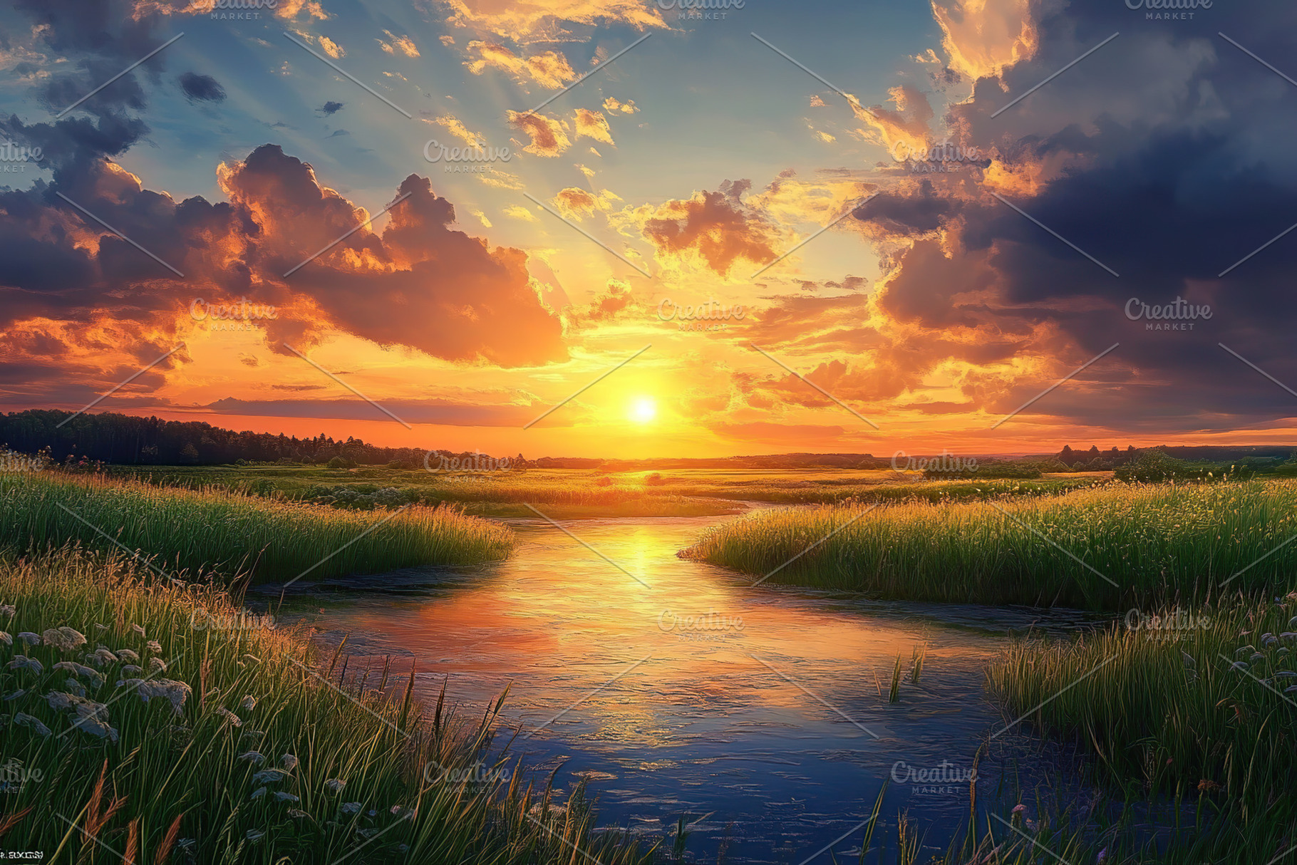Sunset over tranquil river with lush green fields and vibrant clouds, a Nature Photo by AlyaAnd