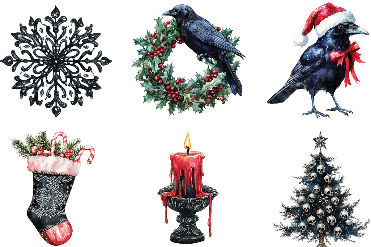 Gothic Christmas Watercolor Clipart, an Illustration by CraftArtStudio (Photo 3 of 6)