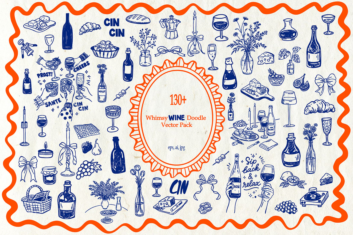 Whimsical Wine Doodle Pack, a Food Illustration by SunnJaneArt (Photo 1 of 16)