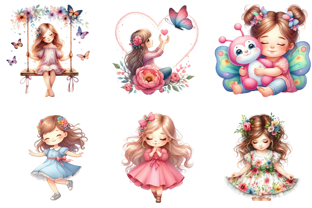 Cute Girl and Butterflies Clipart, an Illustration by DreamArtGraphic (Photo 4 of 6)