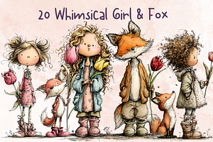 Whimsical Floral Girl & Fox Clipart, an Animal Illustration by GiraffeCreative