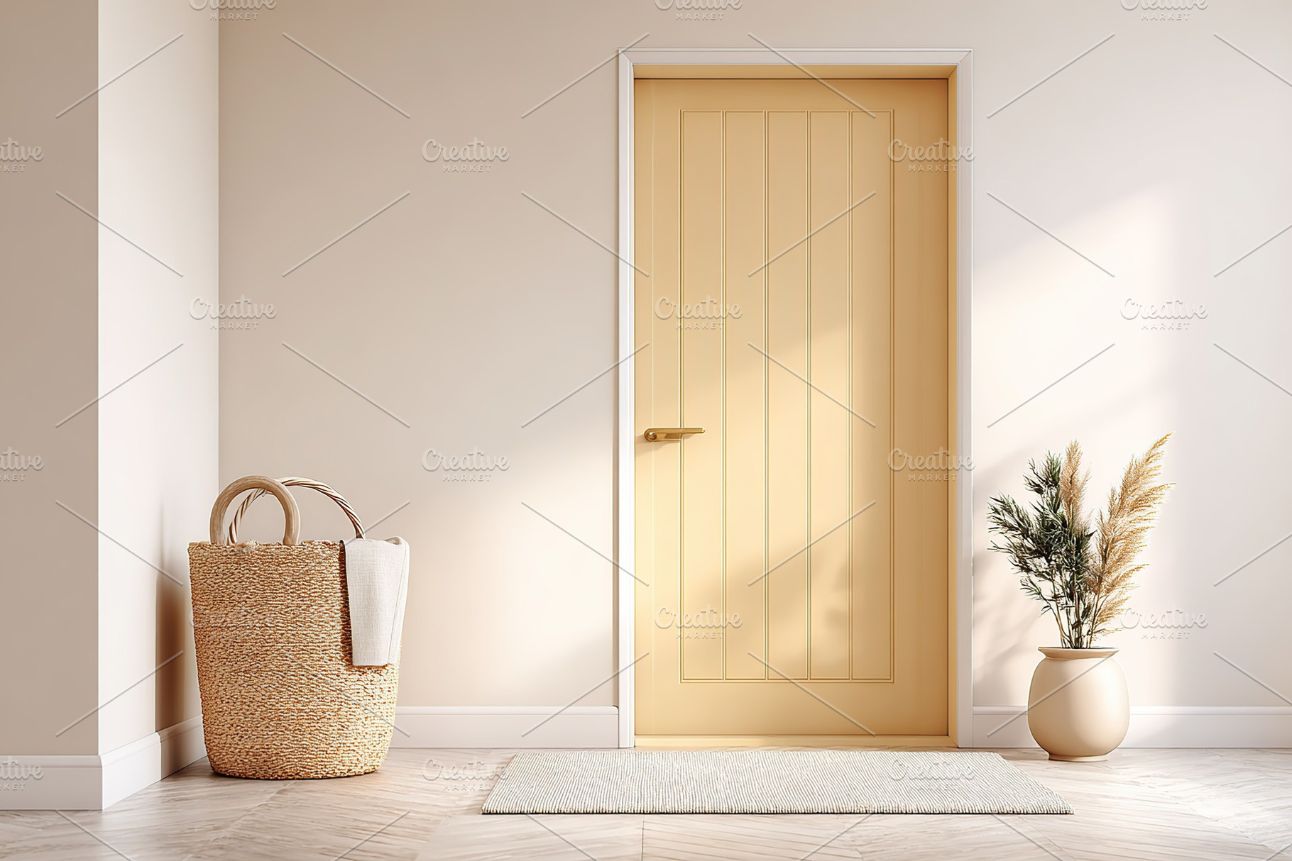 Bright and minimalistic entryway featuring light wood door and natural decor el, a Photo by AlyaAnd