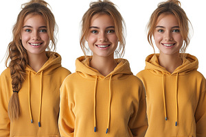 Smiling young Caucasian woman in a yellow hoodie, showcasing three hairstyles:, a Person Photo by ImageMir