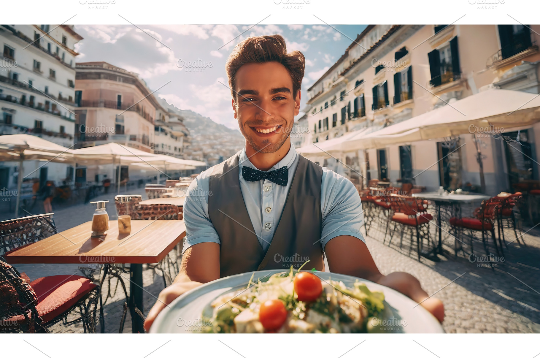 A cheerful waiter in a charming, a Food & Drink Photo by Igor Tichonow