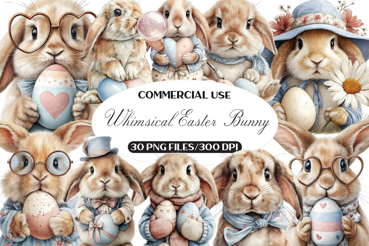 Whimsical Easter Bunny Clipart, an Illustration by Black Bird Studio (Photo 1 of 6)