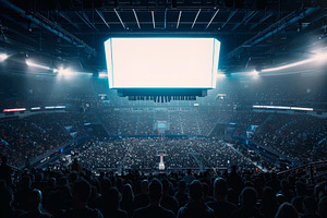 Crowded arena hosting a major basket, a Photo by Tanuart