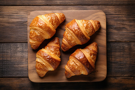 Fresh delicious croissants on cutting board. Generative AI, a Food & Drink Photo by AlyaAnd