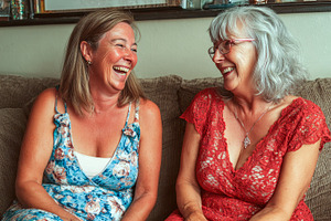 Friends laughing on a sofa, a Photo by Beautiful things