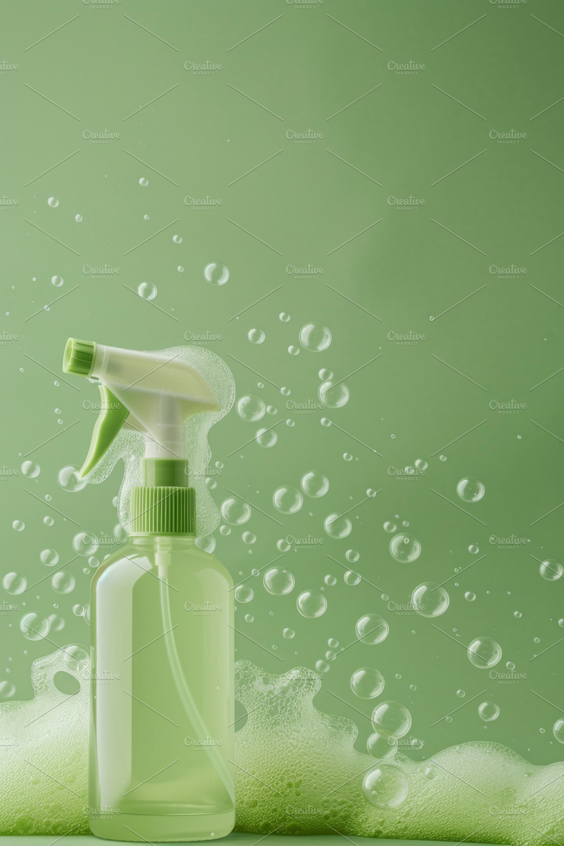 Spray bottle with green liquid and foam on green background, a Photo by Dvoevnore photos