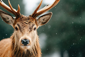 Deer in snowy forest during winter looking directly at the camera with snowflak, an Animal Photo by AlyaAnd