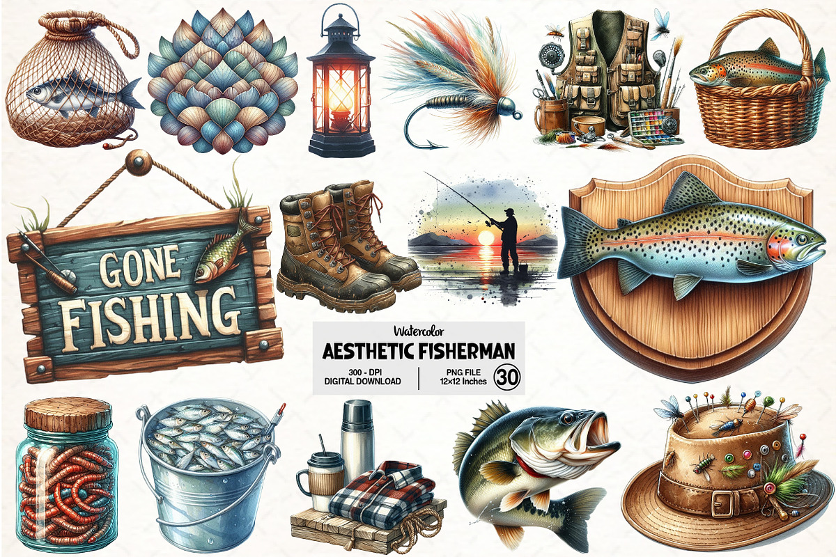 Fisherman Aesthetic Watercolor PNG, an Illustration by Pixels.Craft (Photo 1 of 7)