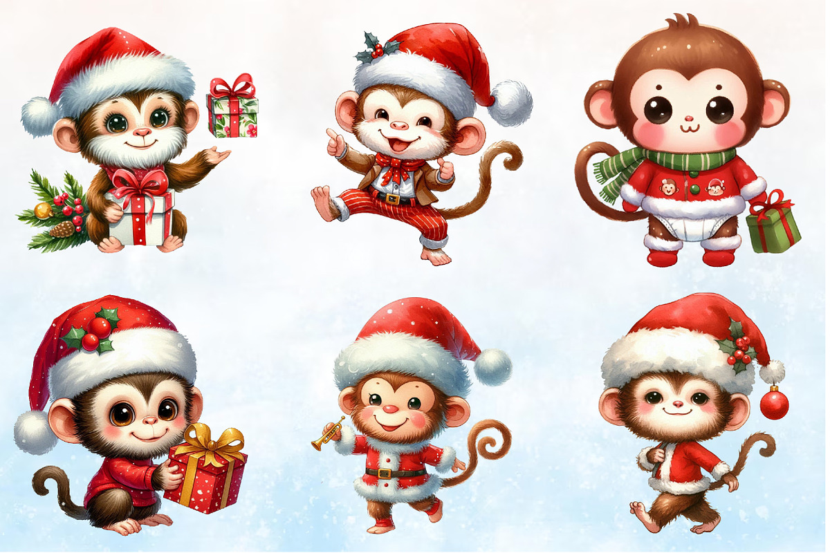 Christmas Cute Monkey Clipart Bundle, a Seasonal Illustration by Rose Art (Photo 2 of 5)