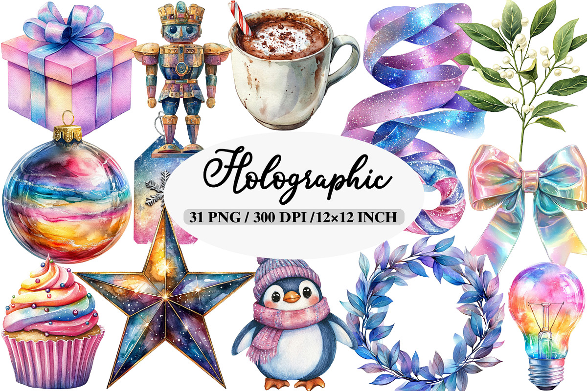 Holographic Christmas Clipart PNG, an Illustration by Daily.Designs (Photo 1 of 5)