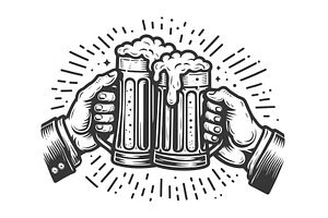 Cheers with Frothy Beer Mugs sketch, a Food & Drink Photo by AlexArt