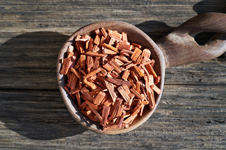 Pieces of red sandalwood on a spoon, top view