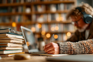 Man writing in a library with books and laptop while focused, a Photo by AS photostudio