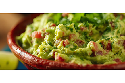 Guacamole dip in bowl garnished with, a Food & Drink Photo by Lermont51