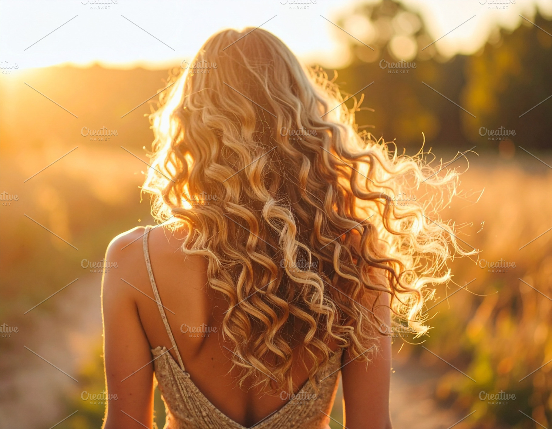 Young woman at nature with voluminous curly hair captured from b, a Health & Medical Photo by DanFLCreativo
