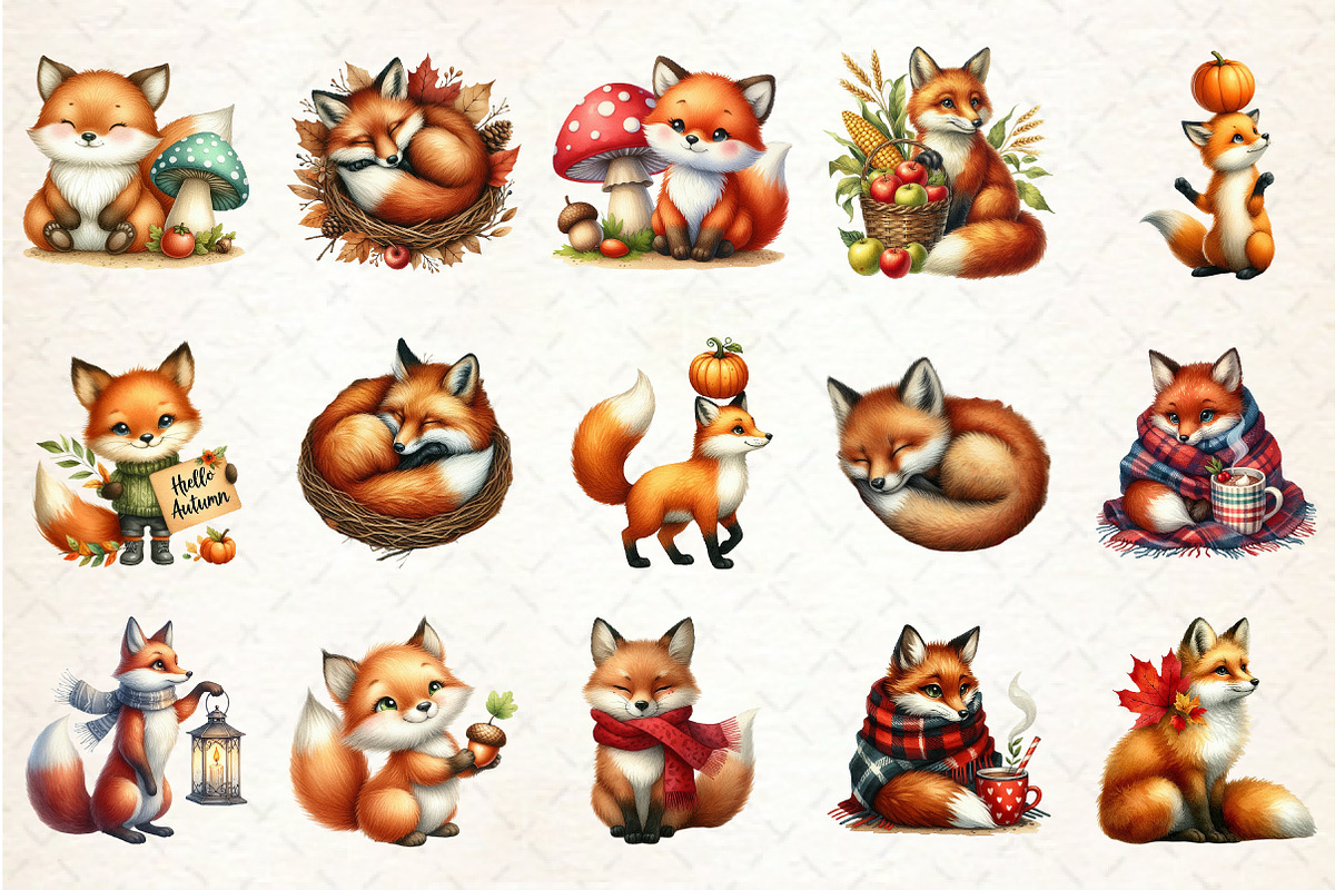Watercolor Autumn Fox Clipart, an Illustration by Rose Art (Photo 2 of 8)
