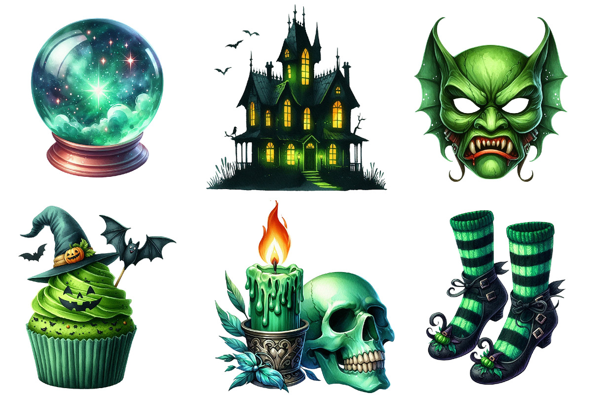 Green Halloween Clipart, an Illustration by Watercolor design (Photo 2 of 4)