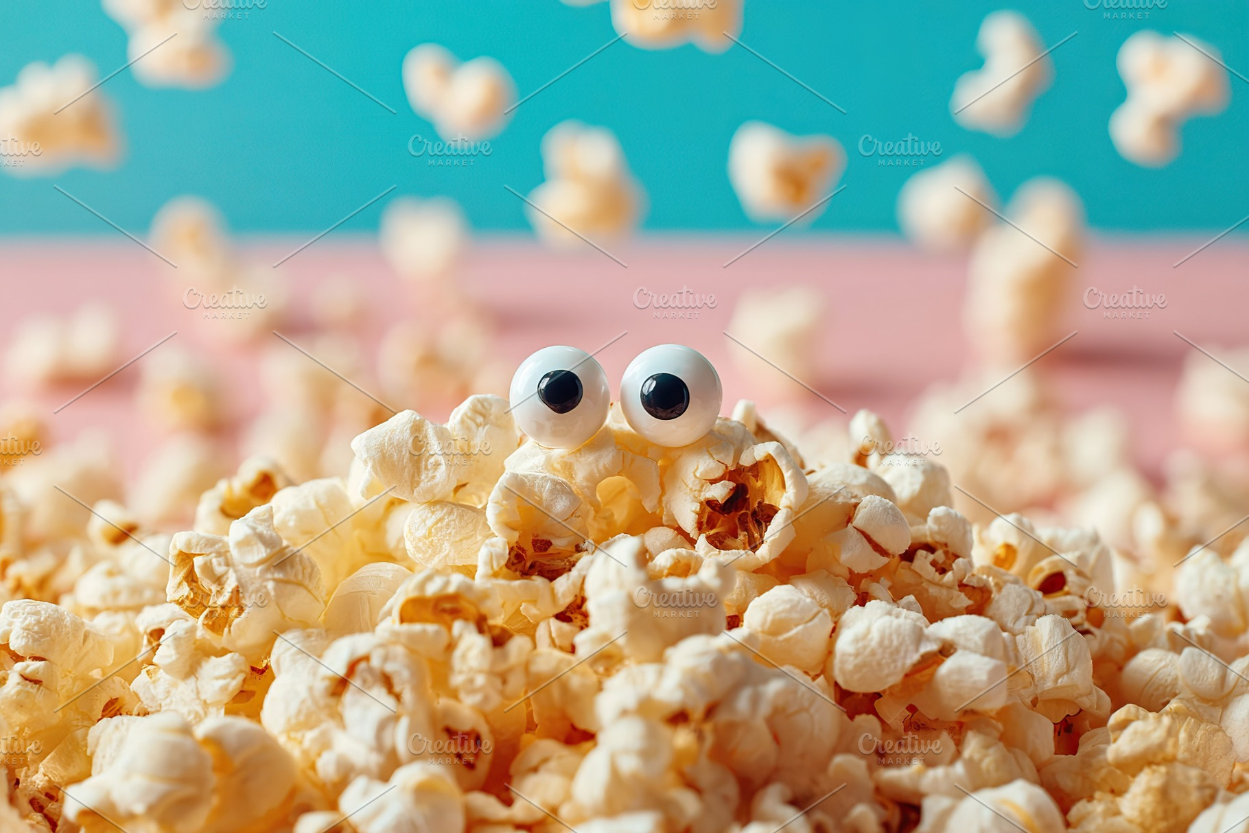 Cute kernel with googly eyes peeking out from a pile of popcorn on a colorful s, a Food & Drink Photo by AlyaAnd