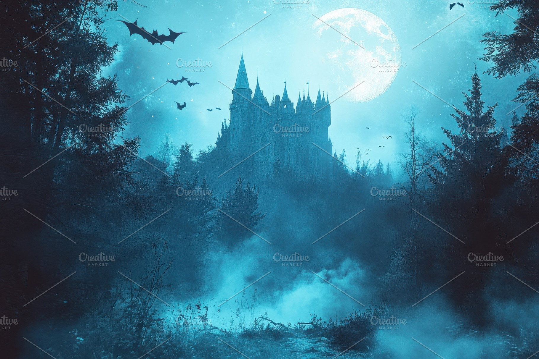 Mystical castle in foggy forest, a Photo by Pavel_design