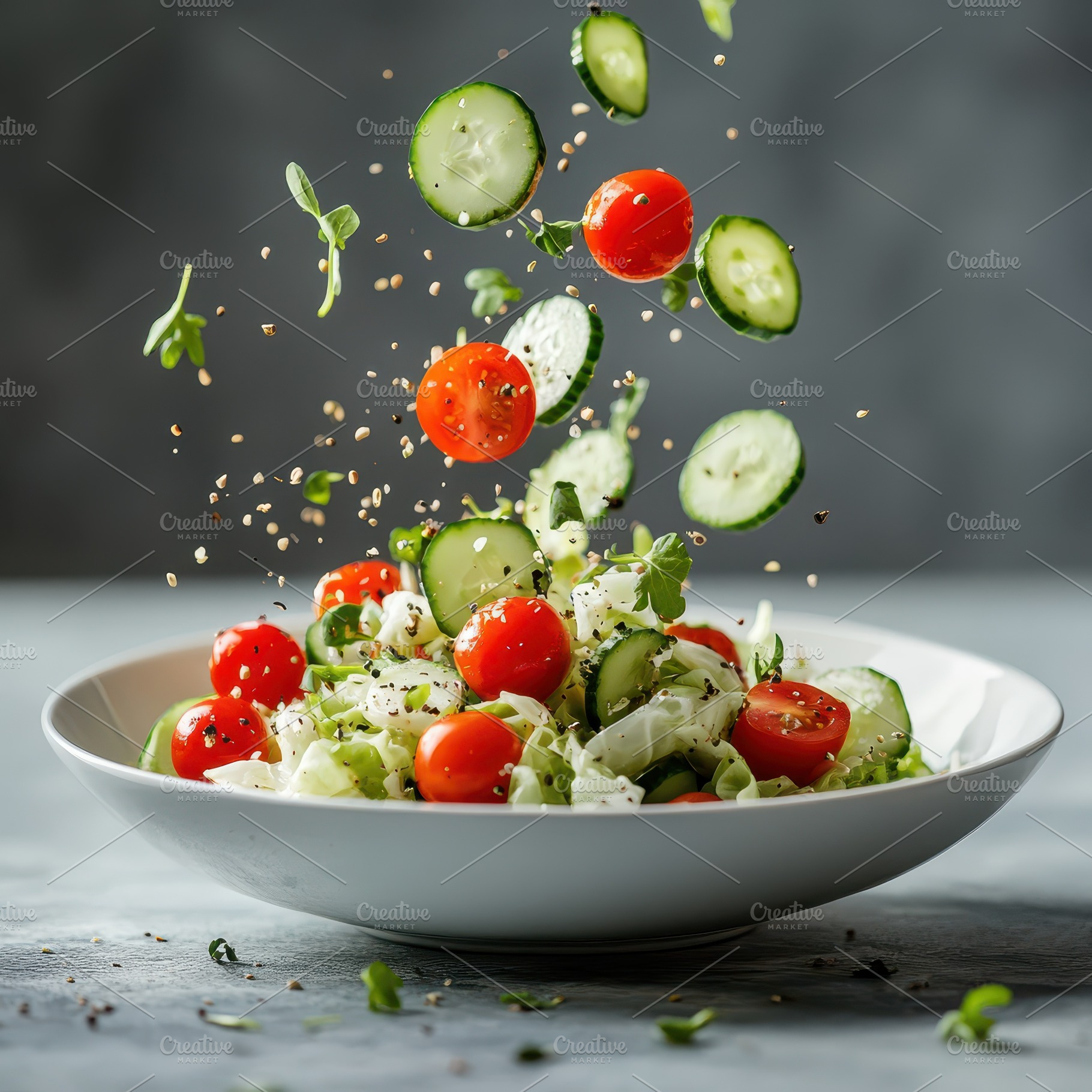 Fresh salad vegetables falling into, a Food & Drink Photo by Pixeness Studio
