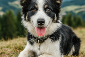 Happy black and white Border Collie puppy lying on grassy hill w, an Animal Photo by José Manuel Gelpi