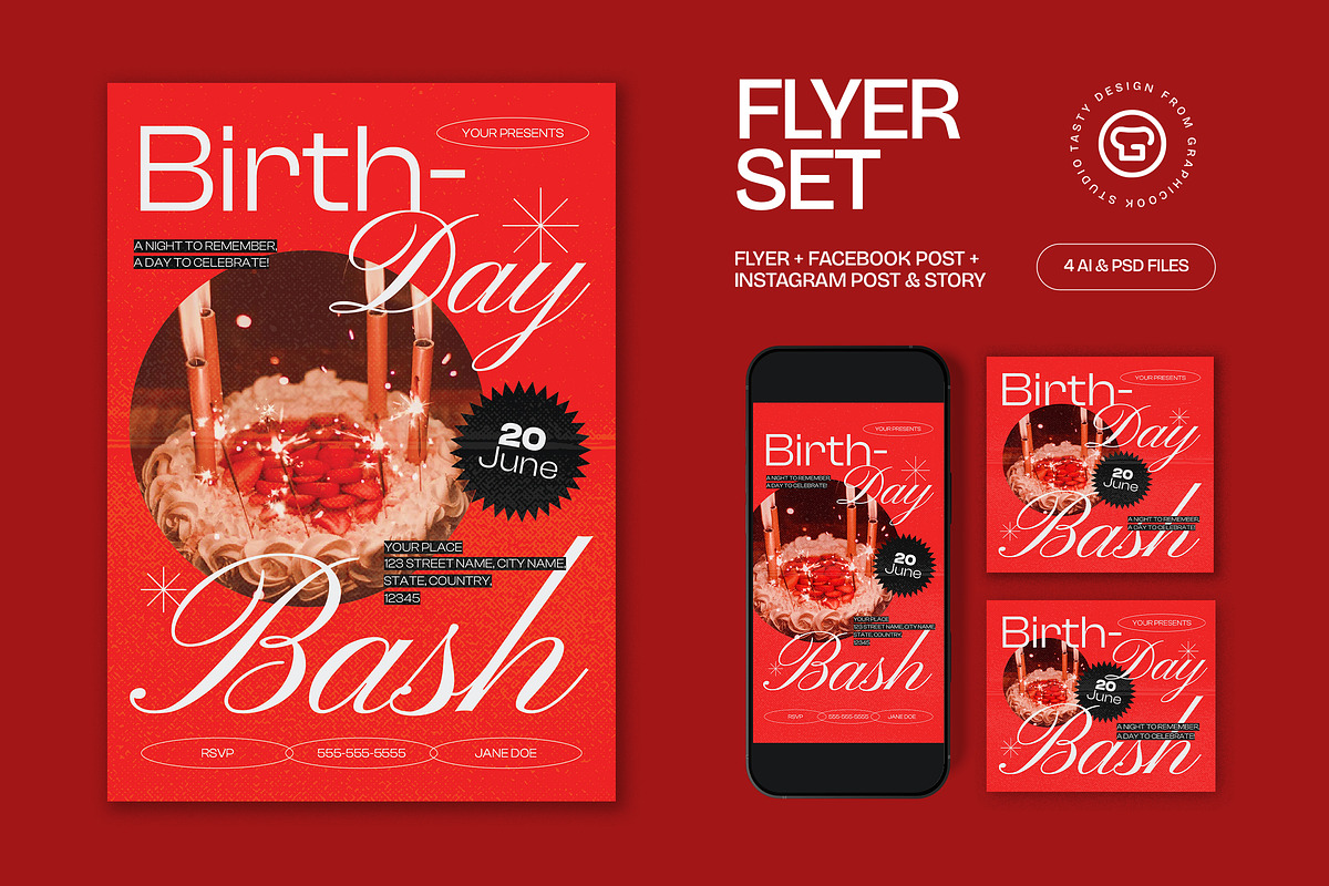 Red White Birthday Bash Flyer Set, a Flyer Template by graphicook (Photo 1 of 3)