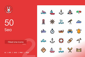 50 Sea Filled Line Icons, an Icon by IconBunny