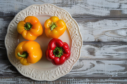 Ripe colorful peppers on wooden table, a Food & Drink Photo by AlyaAnd