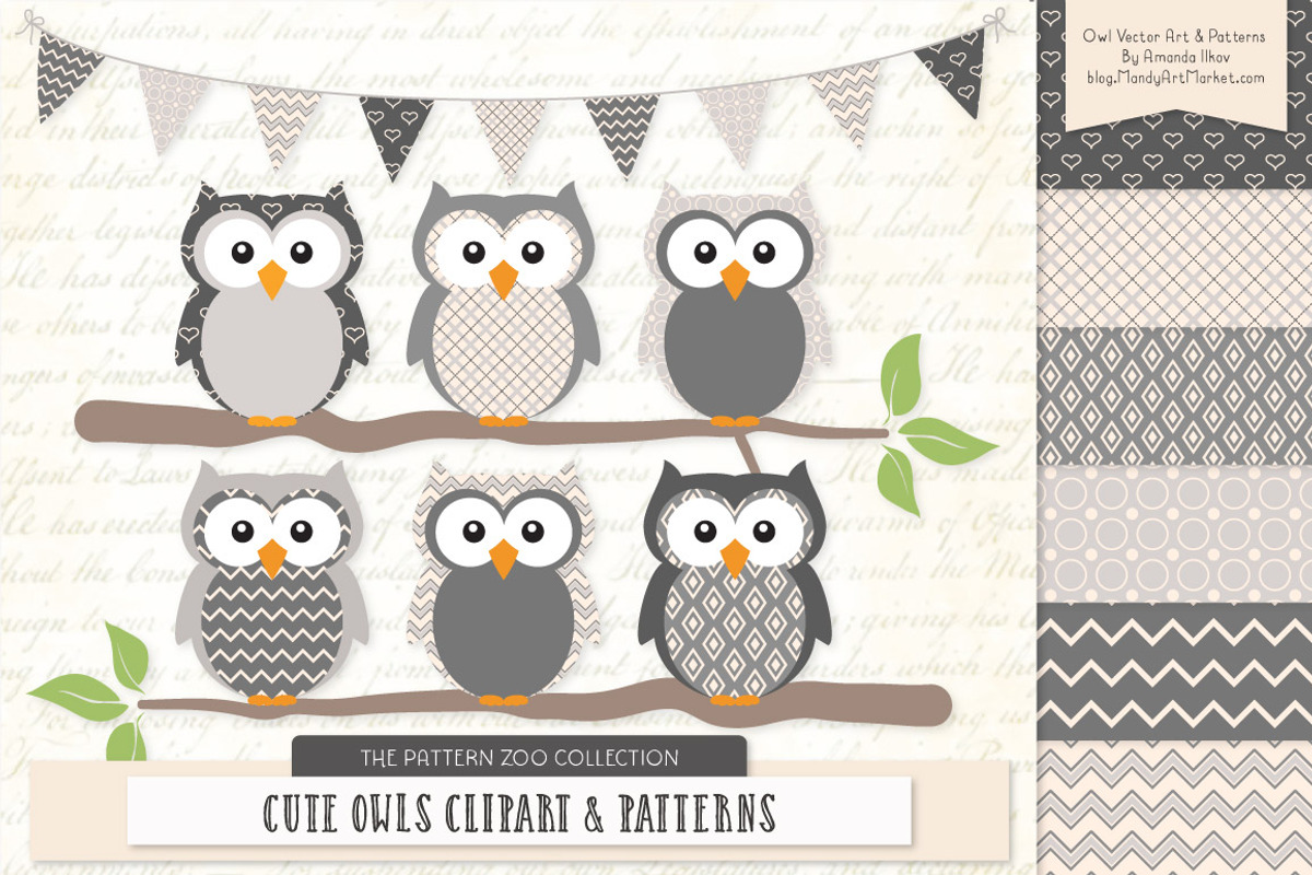 Owls Clipart & Patterns in Grey, an Animal Illustration by Amanda Ilkov (Photo 1 of 4)