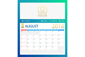 AUGUST 2018, Illustration Vector Calendar Or Desk Planner, Weeks Start On Sunday