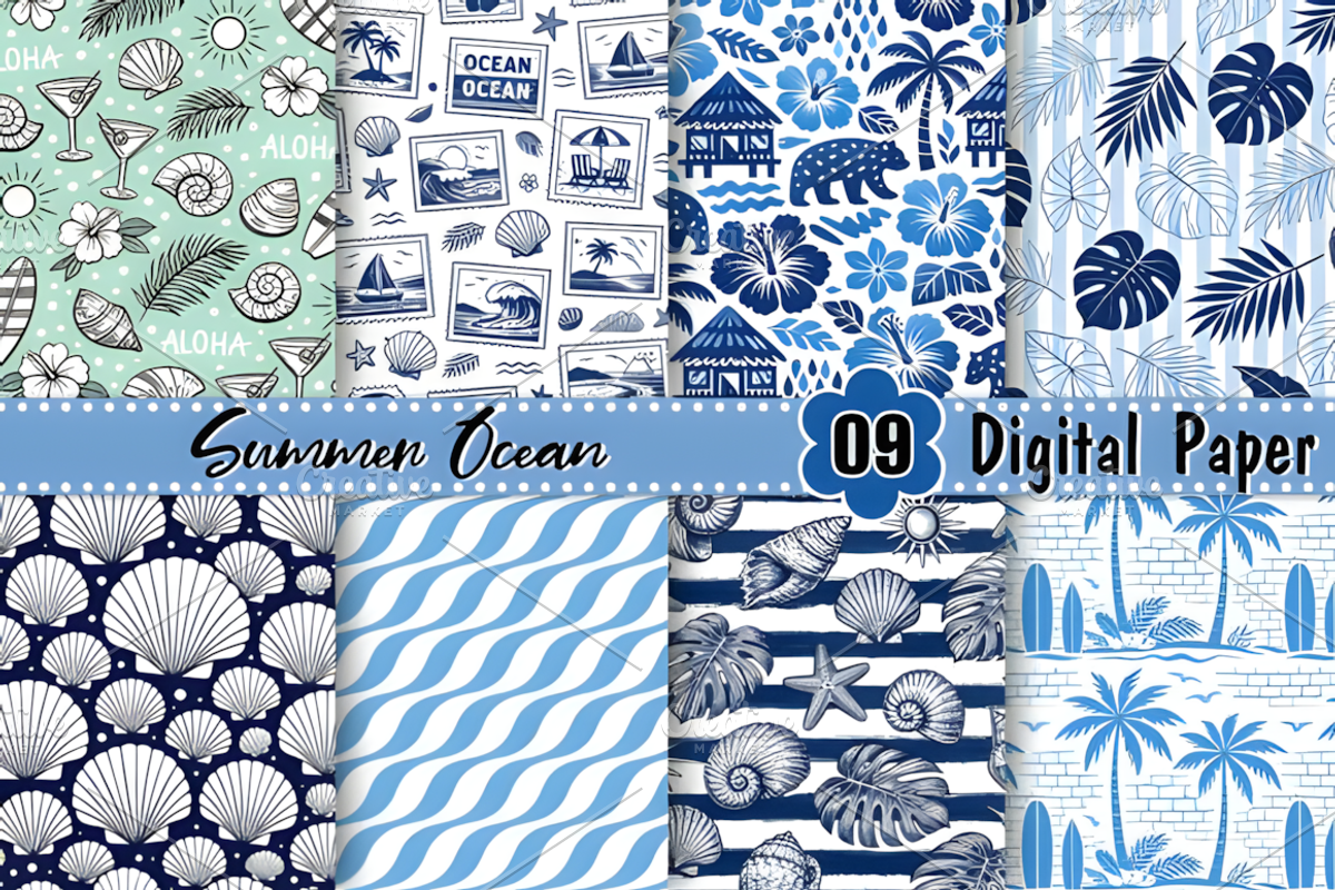 Blue Summer Ocean Digital Paper, a Pattern Graphic by Coco Bloom (Photo 1 of 3)